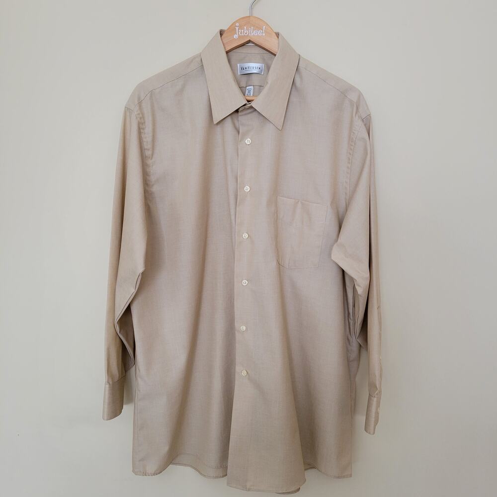 Van Heusen Men's 17.5 32/33 Long Sleeve Dress Shirt Tan Cotton Blend